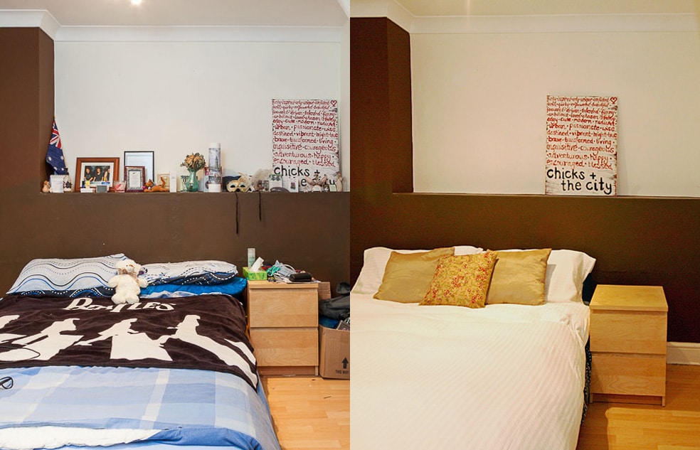 Before and after: Dressing the bed and getting rid of personal trinkets transformed this room for viewings